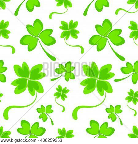 Pattern With Double Leaves Of Shamrock And Clover Hearts. Spring Green Seamless Pattern For St. Patr