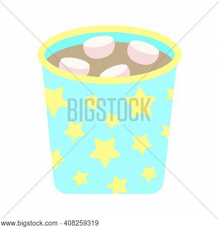 Mug With Cocoa And Marshmallows. Cute Cozy Blue Cup With Yellow Stars With Hot Warm Cocoa, Simple Ch