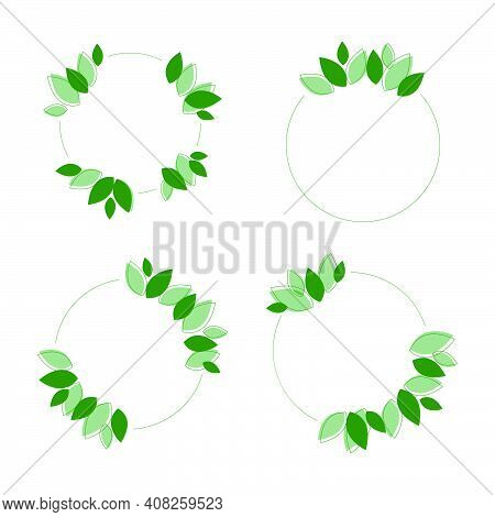 Set Of Circles Floral Green Frame. For Highlights For Social Networks. Four Decorative Leaf Wreaths 