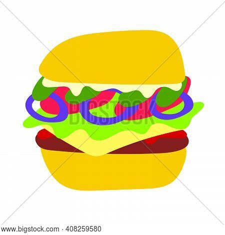 Flat Icon Style Hamburger Vector Illustration, Isolated On White Background. Juicy Tasty American Bu