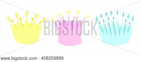 Set Of Cute Crowns In Three Different Colors Yellow, Pink And Blue In Flat Style. Stock Vector Illus