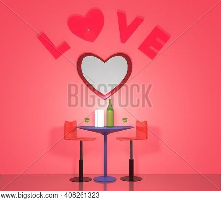 3d Rendering Valentines Day Background Mock Up, Love Shape, Table, Chairs And Some Loves. Pink, Red,