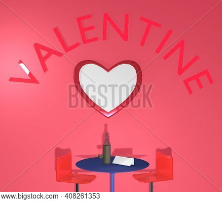 3d Rendering Valentines Day Background Mock Up, Love, Table, Bottle, Glass And Chairs Shape.
