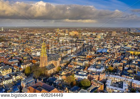 Aerial View Of Groningen City Centre Seen From The South With Blue Loudy Sky
