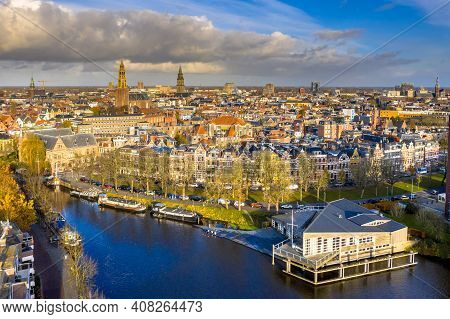 Aerial View Of Groningen City Centre Seen From The South With Blue Loudy Sky