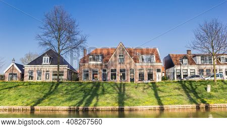 Panorama Of Historic Houses At The Canal Of Steenwijk, Netherlands