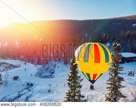 Panorama Sheregesh Ski Resort In Winter, Landscape On Mountain And Balloon, Aerial Top View Kemerovo