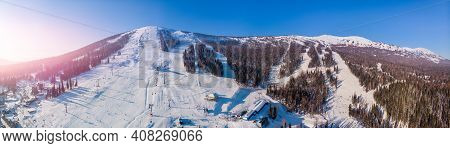Panorama Sheregesh Ski Resort In Winter, Landscape On Mountain And Hotels, Aerial Top View Kemerovo 