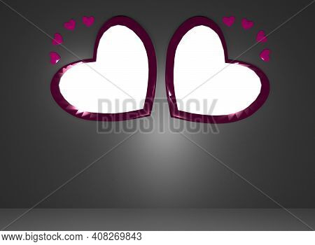 3d Rendering Valentines Day Background Mock Up, Love Shape And Some Loves. Red, Pink, Purple And Sil