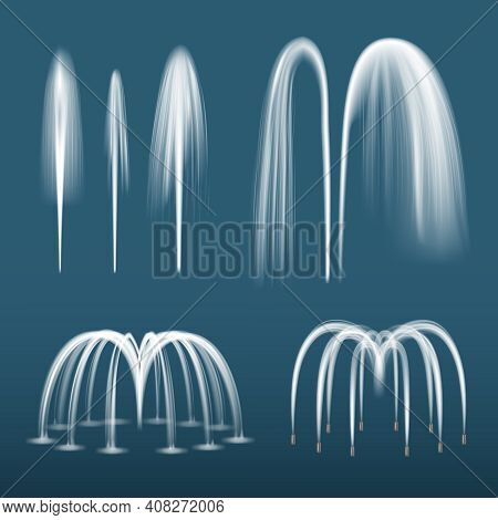 Fountain Realistic. Decorative Water Splashes Spray Liquids From Fountain Jet Vector Templates Colle