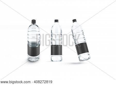 Blank Transparent Plastic Bottle With Black Label Mockup, Different Views, 3d Rendering. Empty Liter