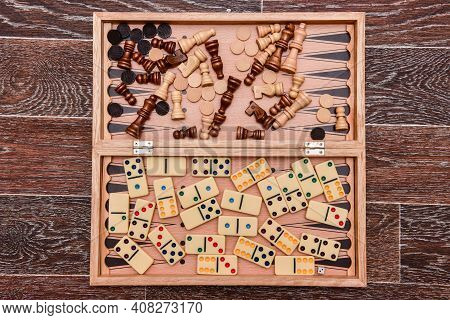 A Variety Of Board Game Pieces. A Background Miscellaneous Board Game Pieces