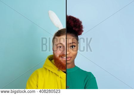 Smiley Man And Calm Cute Woman. Fun And Creative Combination Of Portraits Of Young People With Diffe