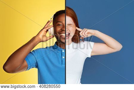 Cheerful Man And Screaming Angry Woman. Fun And Creative Combination Of Portraits Of Young People Wi