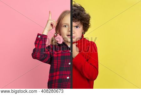 Inspired Girl And Offended Boy. Fun And Creative Combination Of Portraits Of Young People With Diffe
