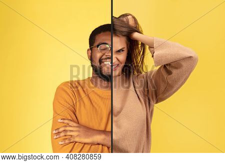 Cheerful Man And Agressive Woman. Fun And Creative Combination Of Portraits Of Young People With Dif