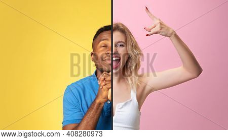 Calm Man And Rocking Woman. Fun And Creative Combination Of Portraits Of Young People With Different