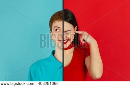 Dreamful Man And Depressed Woman. Fun And Creative Combination Of Portraits Of Young People With Dif