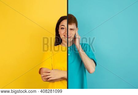 Scared Man And Confident Woman. Fun And Creative Combination Of Portraits Of Young People With Diffe