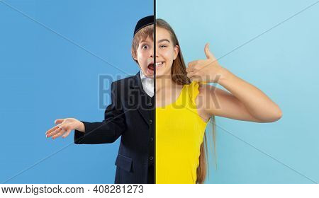 Frightened Boy And Cheerful Girl. Fun And Creative Combination Of Portraits Of Young People With Dif