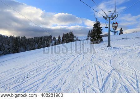 ski chair lift in a ski resort in the carpathians, Ukraine, Izki
