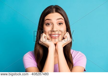 Photo Portrait Of Cheerful Young Lagy Girl Dressed Casual Violet Outfit Arms Cheeks Isolated Blue Co