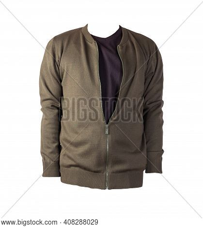 Men's Dark Gren Knitten Bomber Jacket And Black T-shirt Isolated On A White Background. Fashionable 