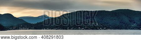 Ocean Bay Panoramic Landscape With Residential Houses On The Shore