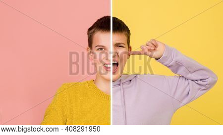 Laughting And Screaming. Fun And Creative Combination Of Portraits Of Young Girl With Different Emot