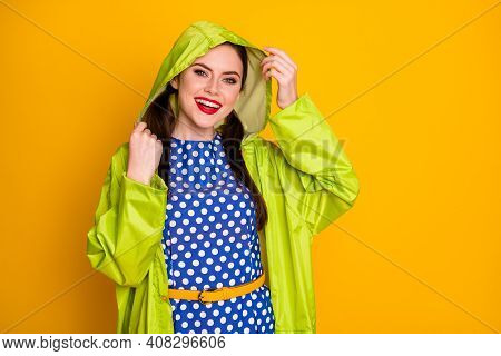 Portrait Of Her She Nice Attractive Pretty Lovely Glamorous Cheerful Cheery Girl Wearing Hood Cape F