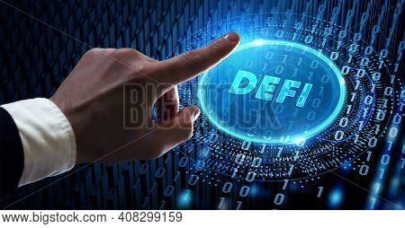 Defi -decentralized Finance On Dark Blue Abstract Polygonal Background. Concept Of Blockchain, Decen