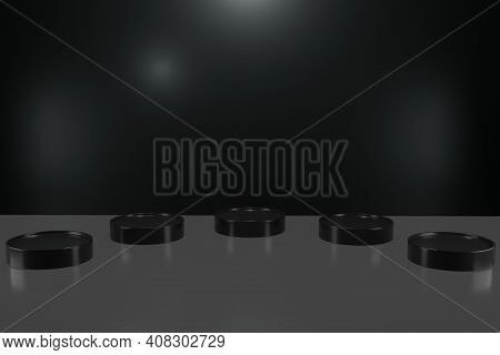 3d Rendering Display Some Cylinders Background Mock Up, Black, White, Silver, And Glossy Textute