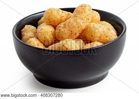 Peanut Flips In A Black Ceramic Bowl Isolated On White.