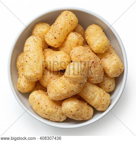 Peanut Flips In A White Ceramic Bowl Isolated On White. Top View.
