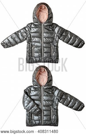 Winter Jacket Isolated. Two Different Views Of A Stylish Cosy Warm Silver Gray Down Jacket For Kids 