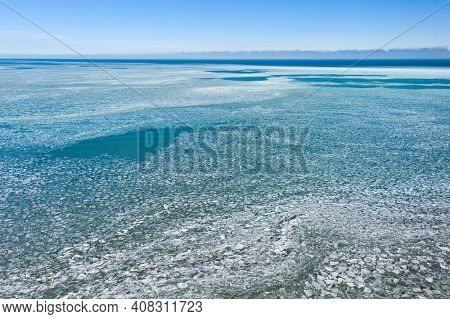 Aerial view of an icy Lake Michigan near Glencoe Beach in the northern suburbs of Chicago after an intense cold spell.
