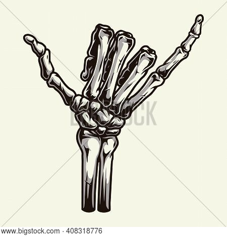 Skeleton Hand Showing Surfer Shaka Sign In Vintage Style Isolated Vector Illustration