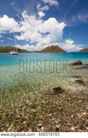 View of Leinster Bay with boats in harbor on the island of St. John in the United States Virgin Islands.