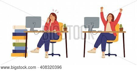 Office Woman Tired. Before After Hard Work, Manager Working. Angry And Happy Girl At Table Computer,