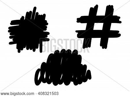 Vector Set Of Hand Drawn Brush Strokes Isolated On White Background. Circle, Hashtag, Backsplashes F
