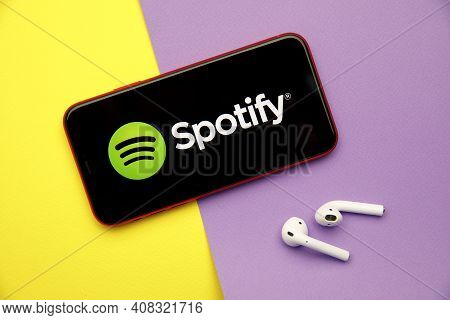 Tula, Russia - January 28, 2020: Spotify App Logo On Iphone Display