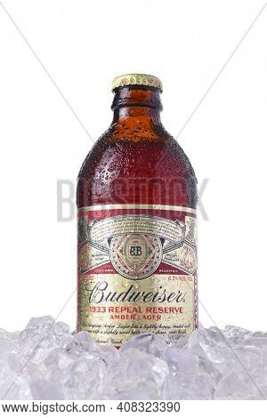 IRVINE, CA - MARCH 12, 2018: Bottle of Budweiser 1933 Repeal Reserve Amber Lager in ice. Budweiser is releasing this historically inspired recipe to celebrate the Repeal of Prohibition.