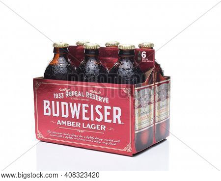 IRVINE, CA - NOVEMBER 7, 2017: Budweiser 1933 Repeal Reserve Amber Lager. Budweiser is releasing this historically inspired recipe to celebrate the Repeal of Prohibition.