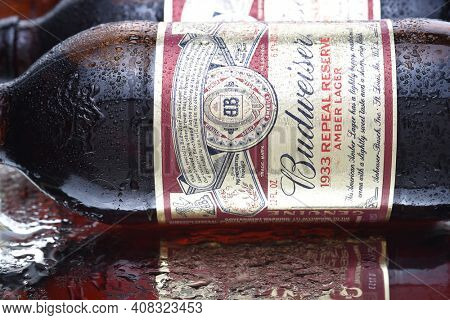 IRVINE, CALIFORNIA - MARCH 10,  2018: Budweiser 1933 Repeal Reserve Amber Lager. Budweiser is releasing the Prohibition era recipie to celebrate the acts repeal.