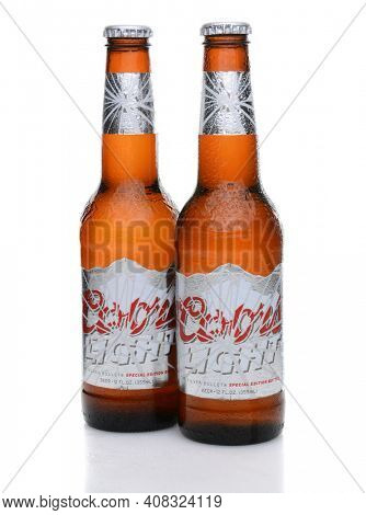 IRVINE, CA - MAY 25, 2014: Two Coors Light bottles with condensation. Coors operates a brewery in Golden, Colorado, that is the largest single brewery facility in the world.