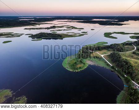 Beautful Peninsula Between Lakes Snudy And Strusto, National Park Braslau Lakes, Belarus.