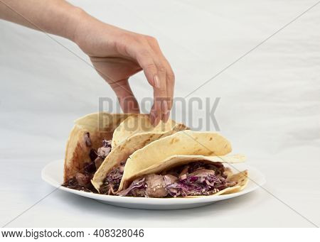Traditional Mexican Birria Tacos With Coriander And Onion On Top. Street Food From Mexico. Comfortin