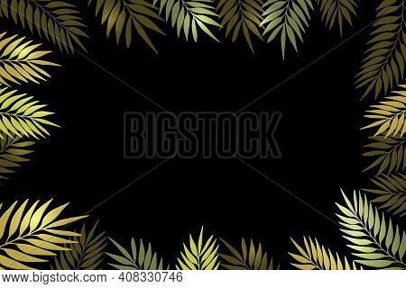 Floral Frame With Colorful Exotic Branches On Black Background. Ornate Border With Tropic Leaves. Ve