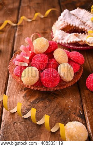 Colored Castagnole. Traditional Sweet Pastries During The Carnival Period In Italy. Street Food, Rou