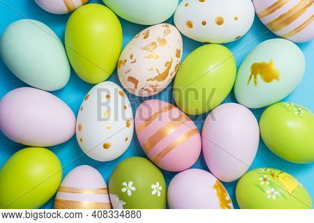 Colorful Easter Eggs Background. Alot Of Painted Easter Eggs As Background, Top View.